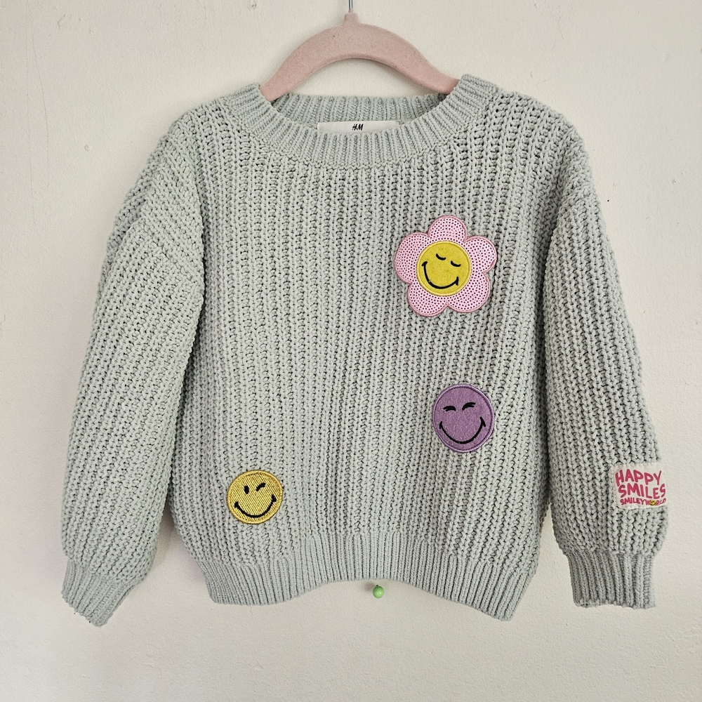 H&M Gray Knit Sweater with Smiley Patches